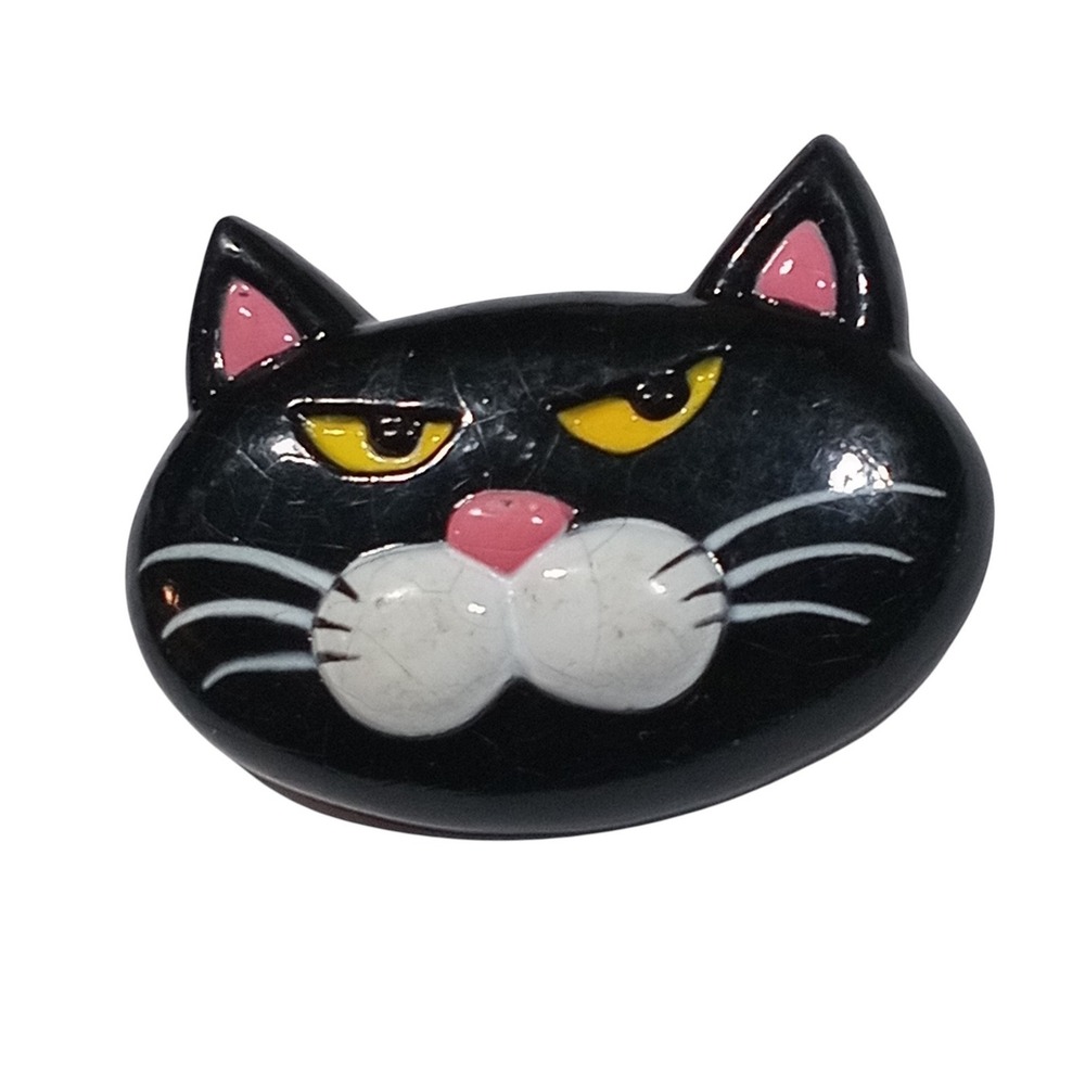 Gibson Black Cat Enamel Black White Brooch Pin 2" - DT